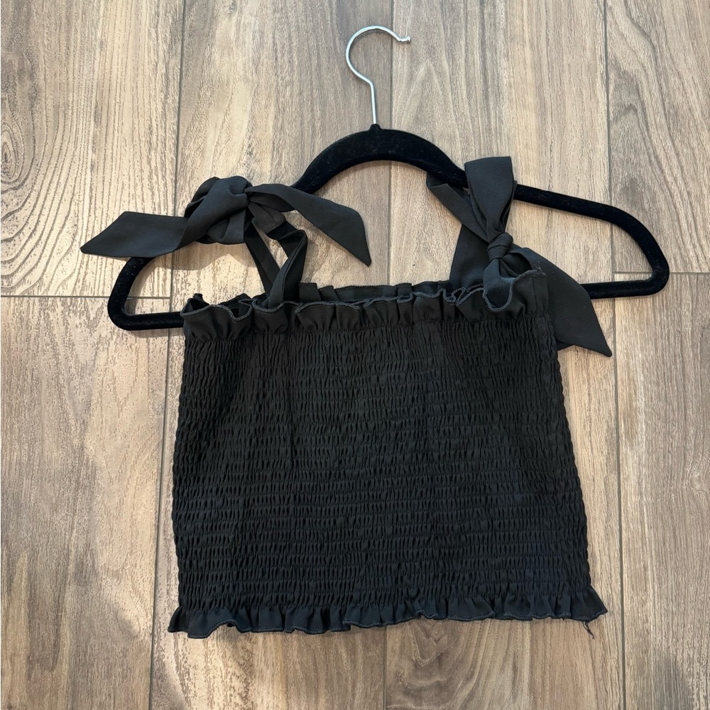 Black Smocked Crop Top with Bow Straps